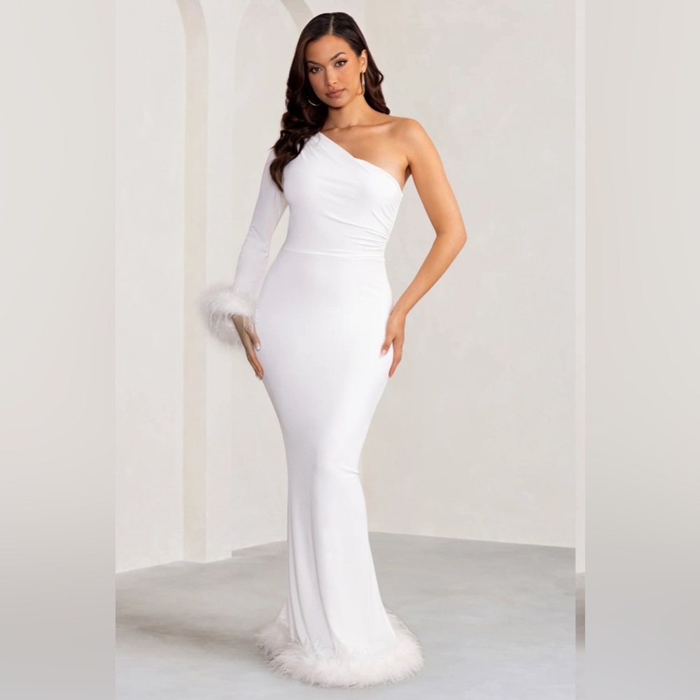 WHITE ONE SLEEVE MAXI DRESS WITH FEATHER CUFF AND HEMLINE (MATERNITY FRIENDLY)
